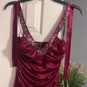 Jodi Kristopher Wine Red Halter Formal Prom Long Dress Gown